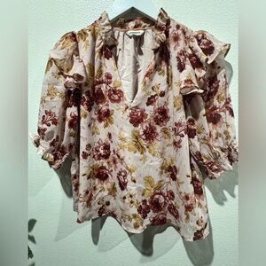 Express Floral Blouse with Ruffle Sleeves - Cream, Burgundy, Mustard